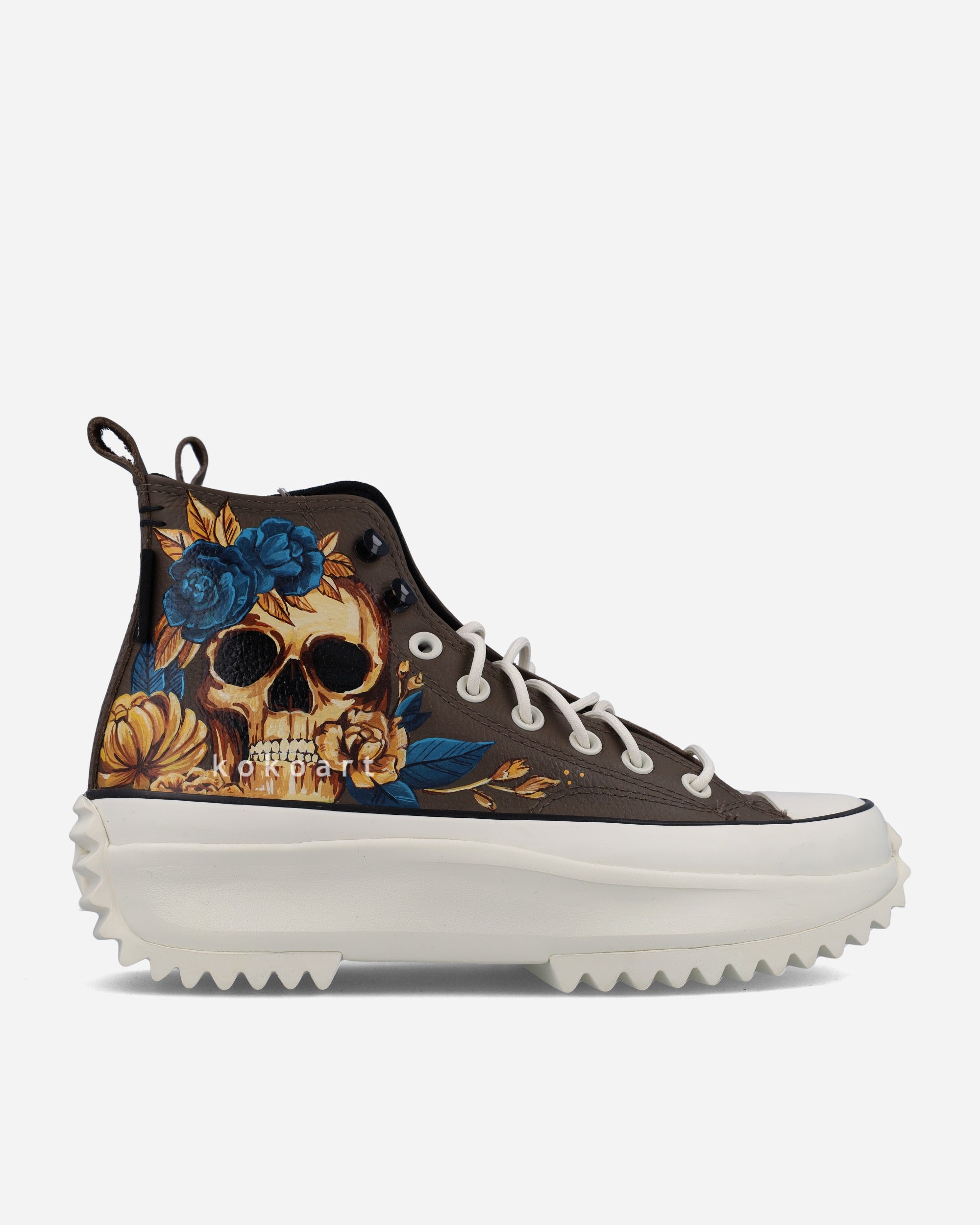 All Star Leather Platforms Hand Painted Skulls and Roses