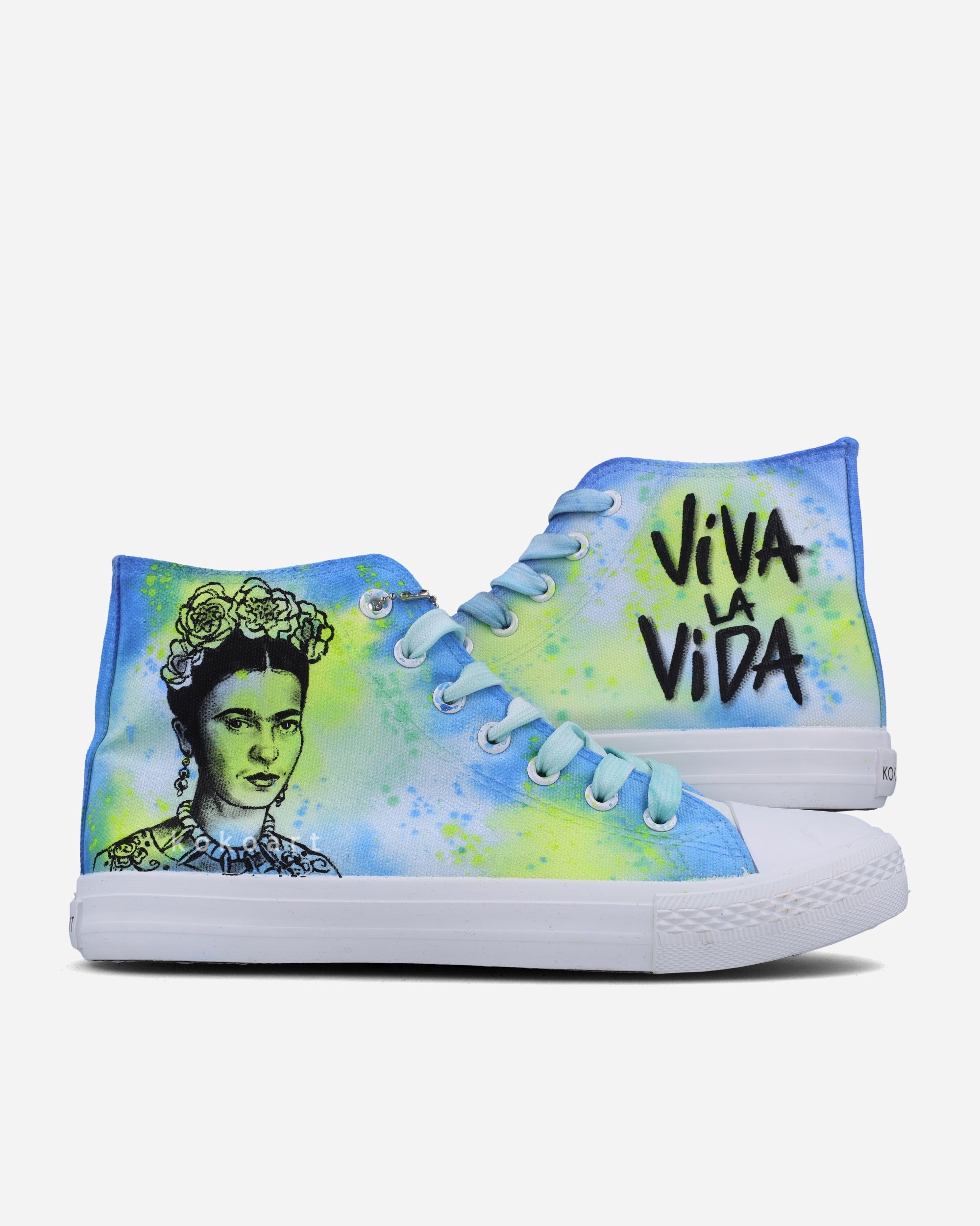 Frida Kahlo Sketchy Portrait Green Blue Viva la Vida Hand Painted Shoes
