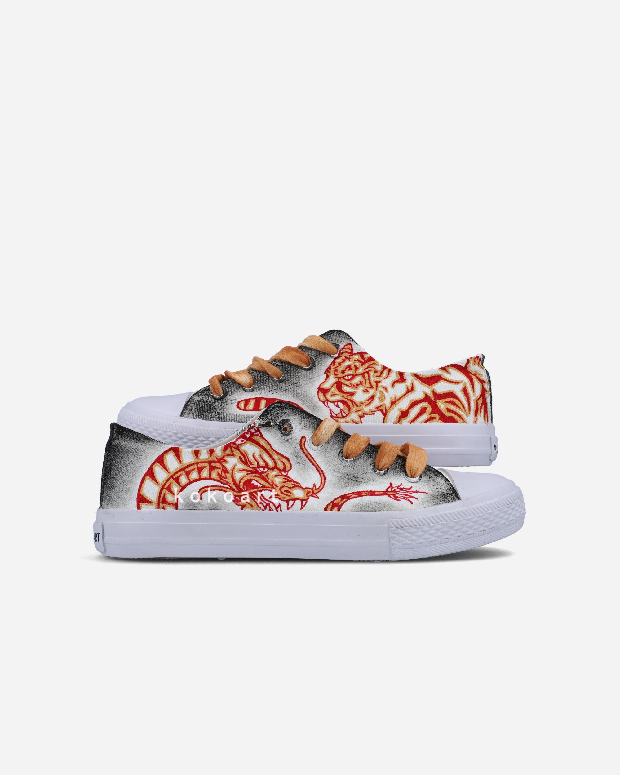 Red and Orange Dragon and Tiger Hand Painted Shoes