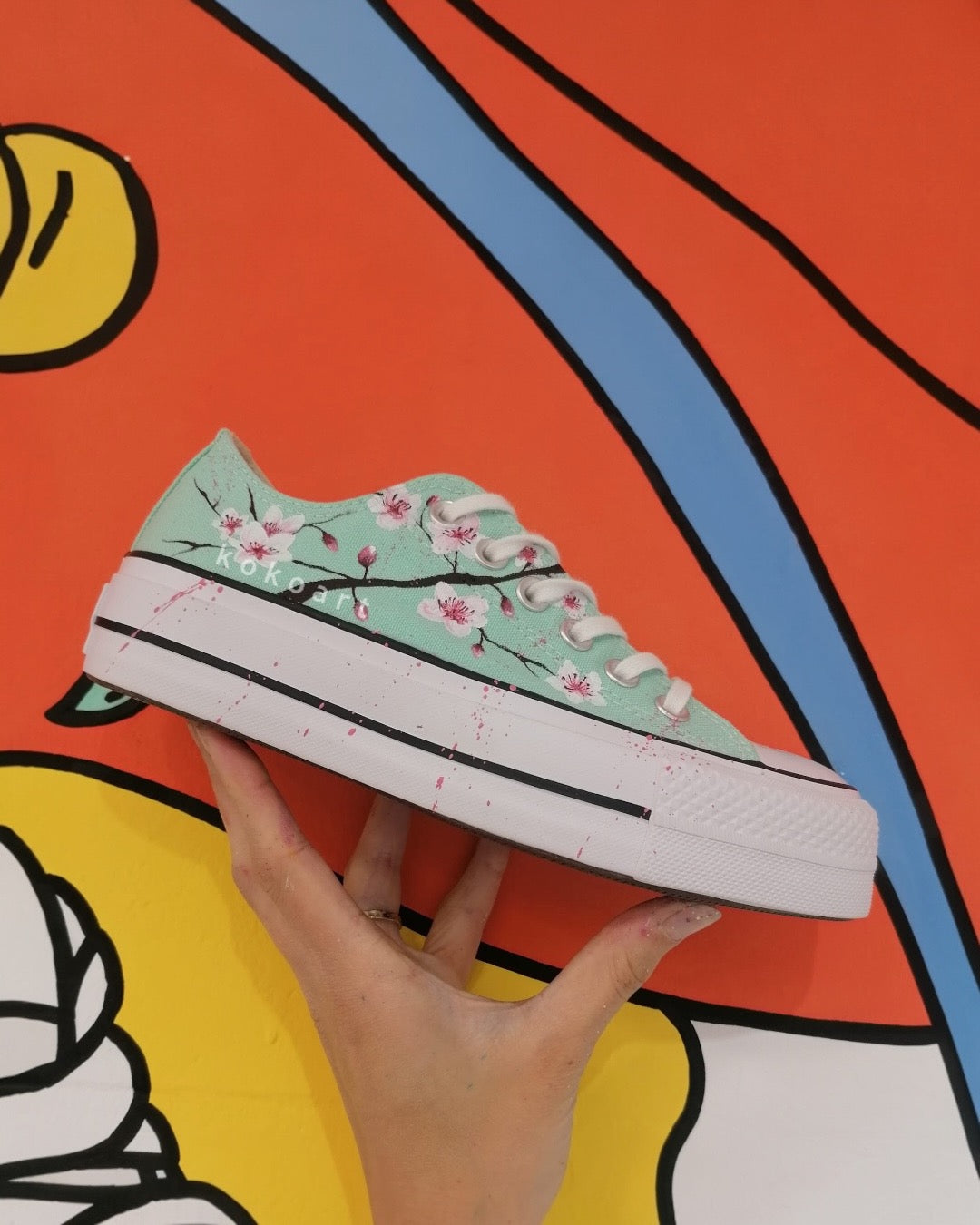 All Star Platforms Hand Painted White Flowers