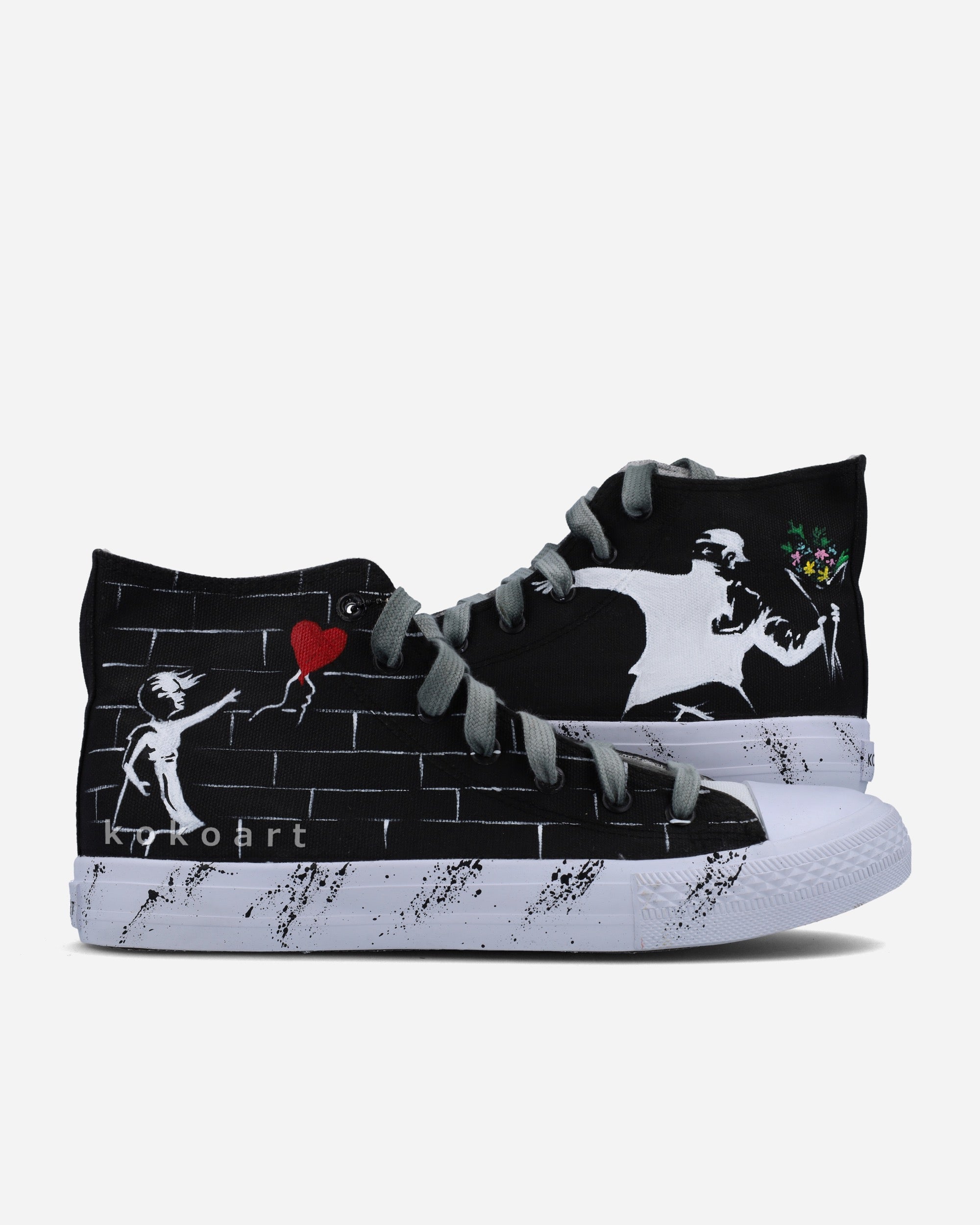 Negative Girl with Balloon and Flower Thrower Hand Painted Shoes