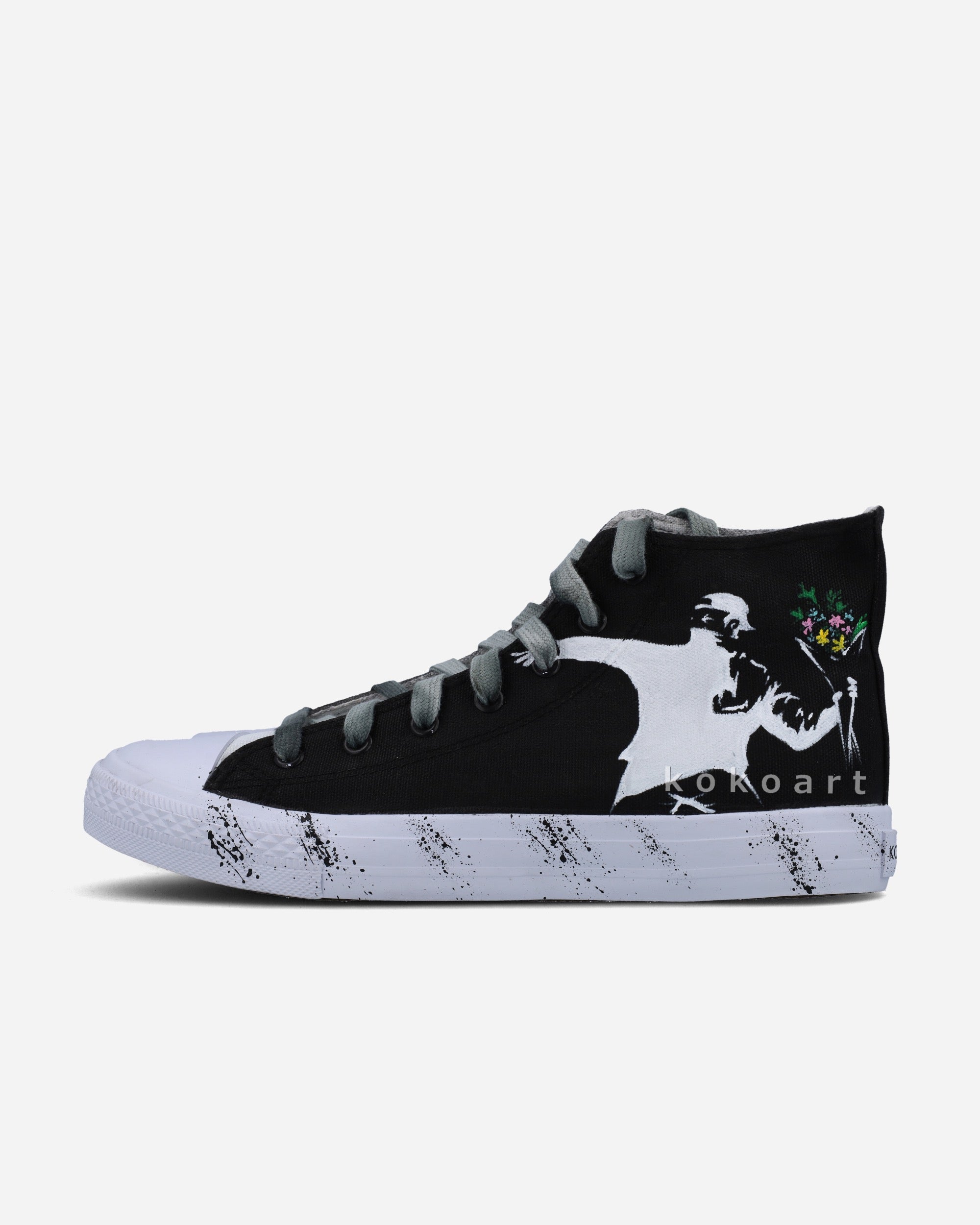 Negative Girl with Balloon and Flower Thrower Hand Painted Shoes