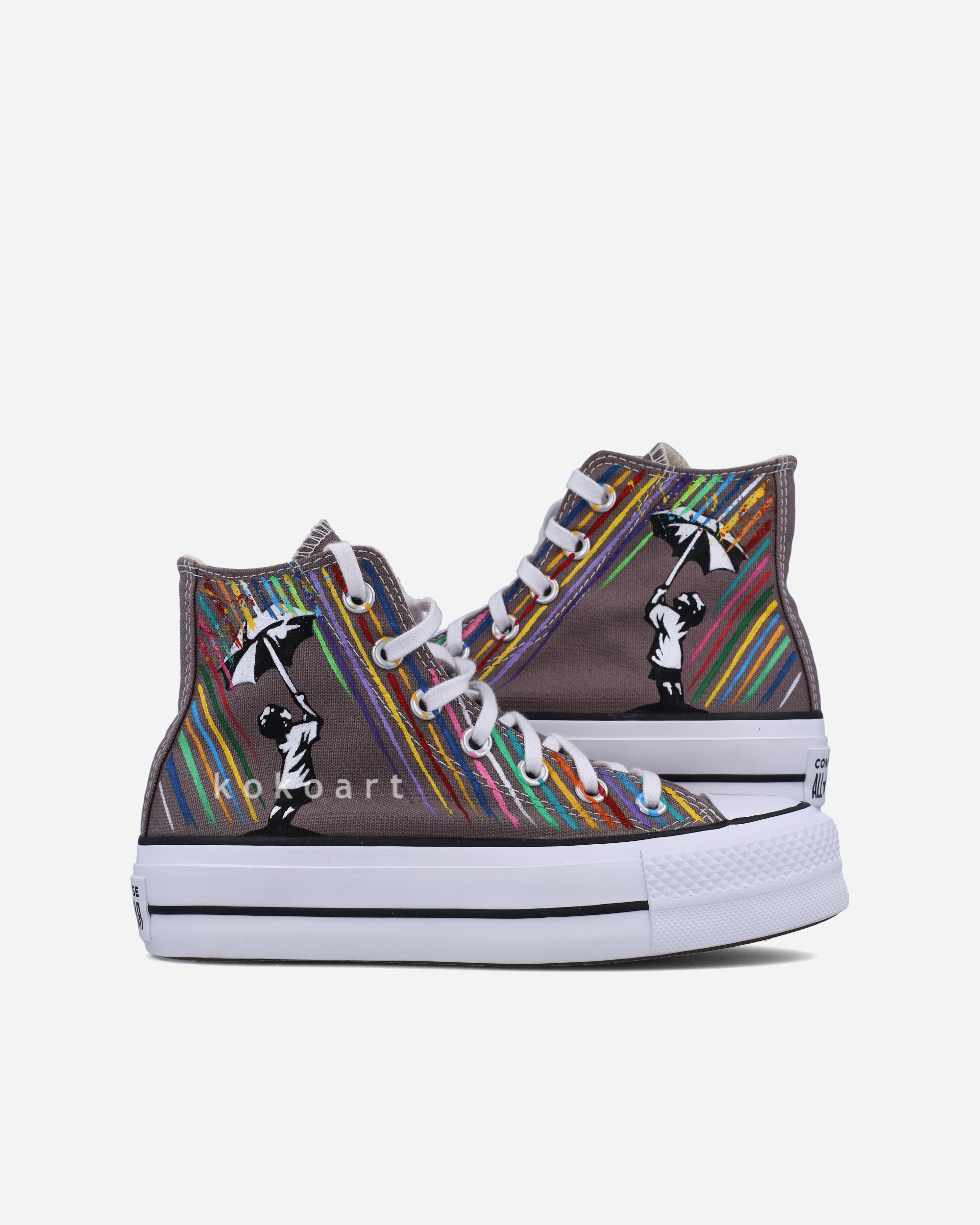 Hand Painted Converse Platform Girl with Umbrella Koko Art (Made to Order)