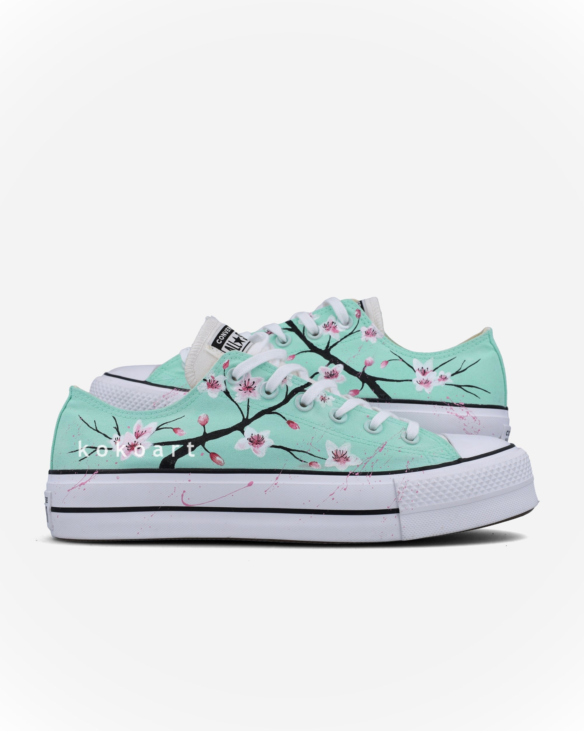 Custom Hand Painted Converse Low Top Platform Almond Blossom Design by Koko Art (Made to Order)