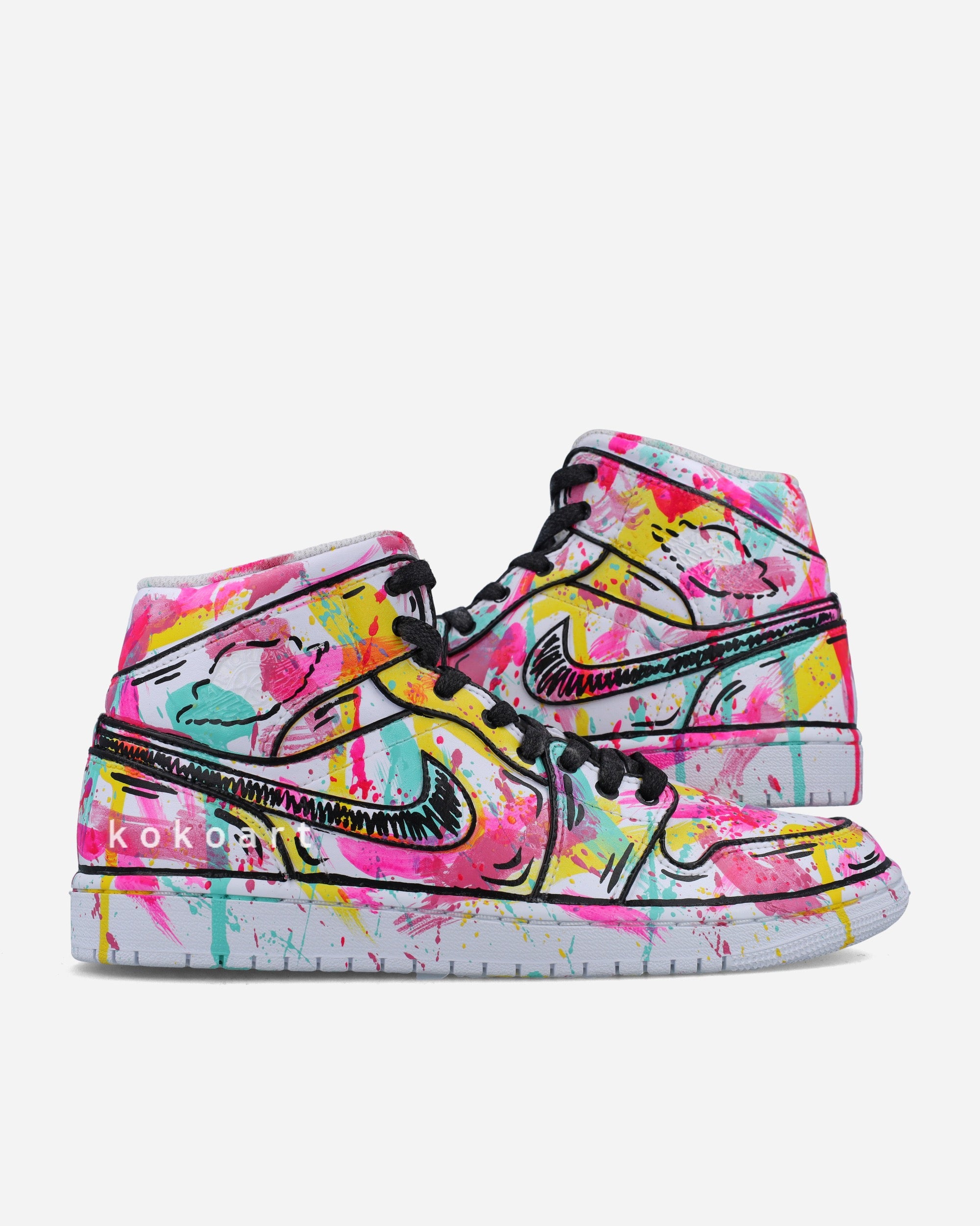 Hand Painted Nike Jordan 1 Mid Neon Brush Strokes Design by Koko Art