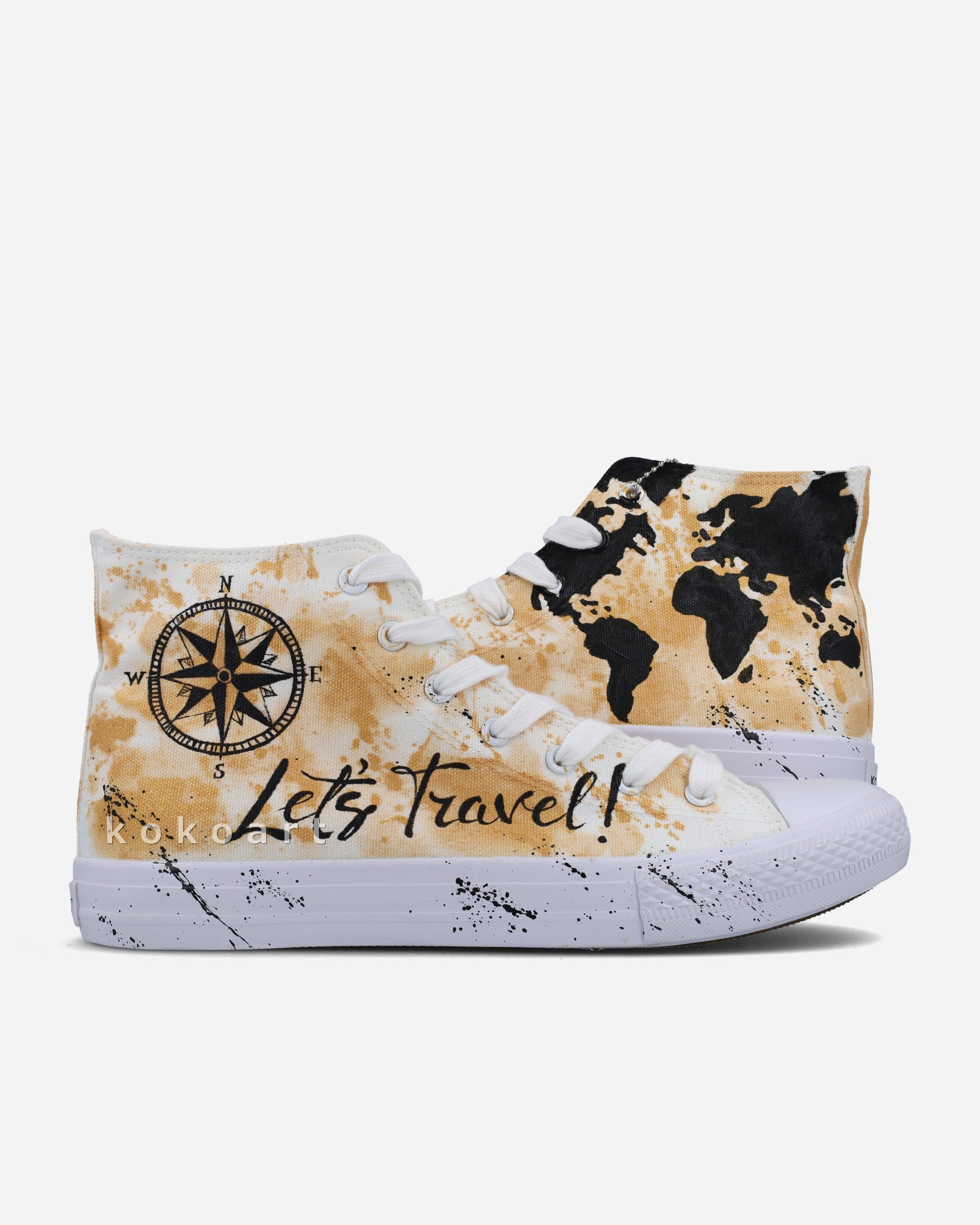 Gold Watercolour World Map & Compass Hand Painted Shoes