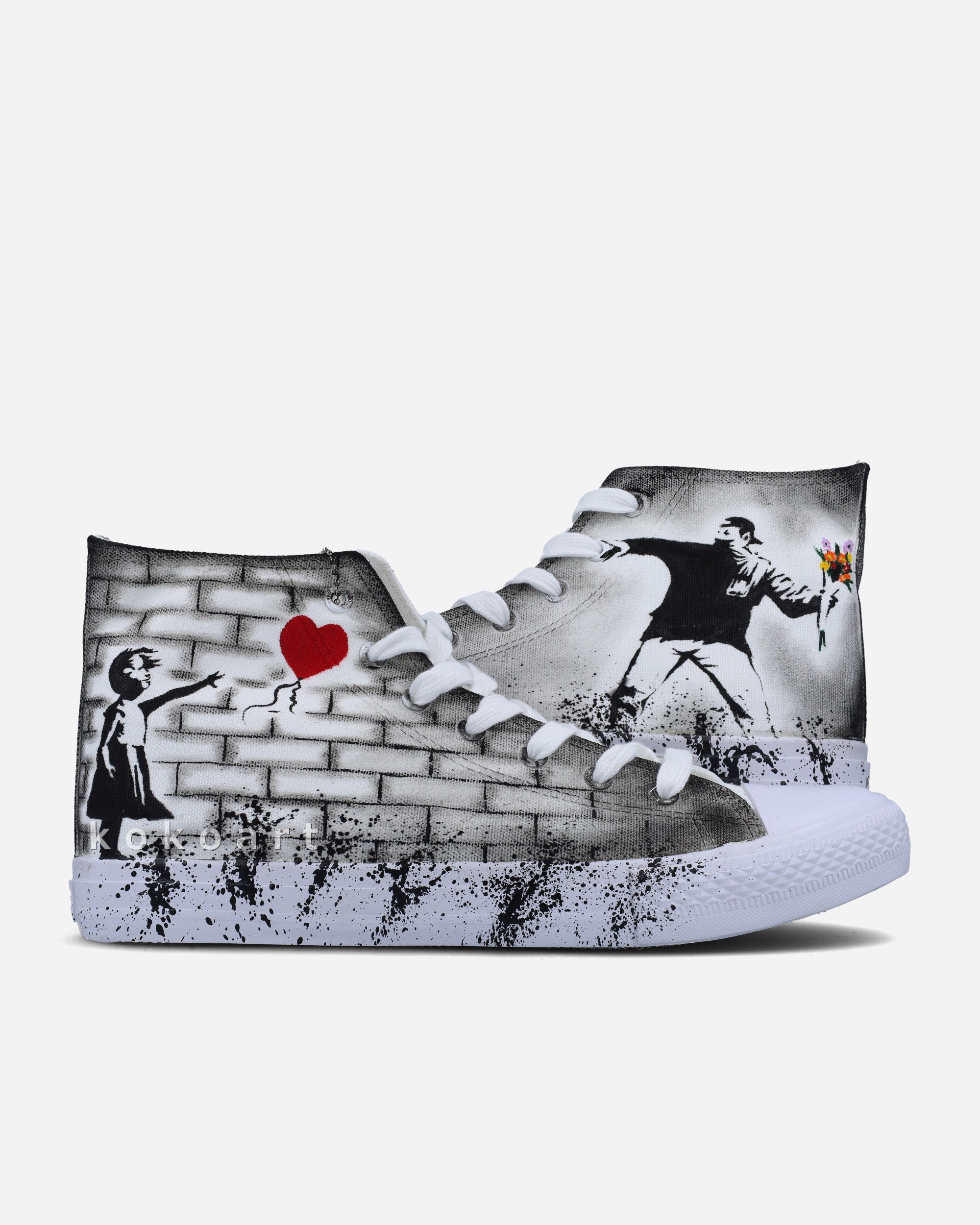Banksy Girl with Balloon and Flower Thrower with Bricks Hand Painted Shoes