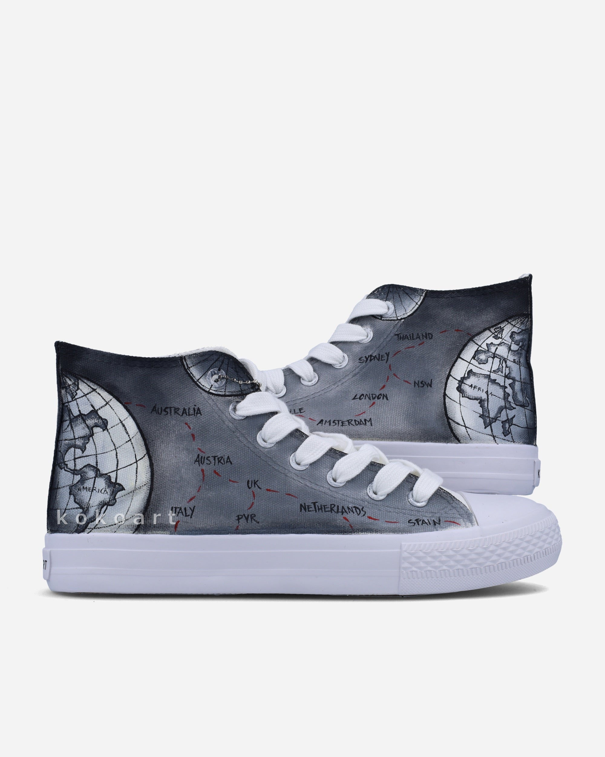 Grey World Map Country Names Hand Painted Shoes