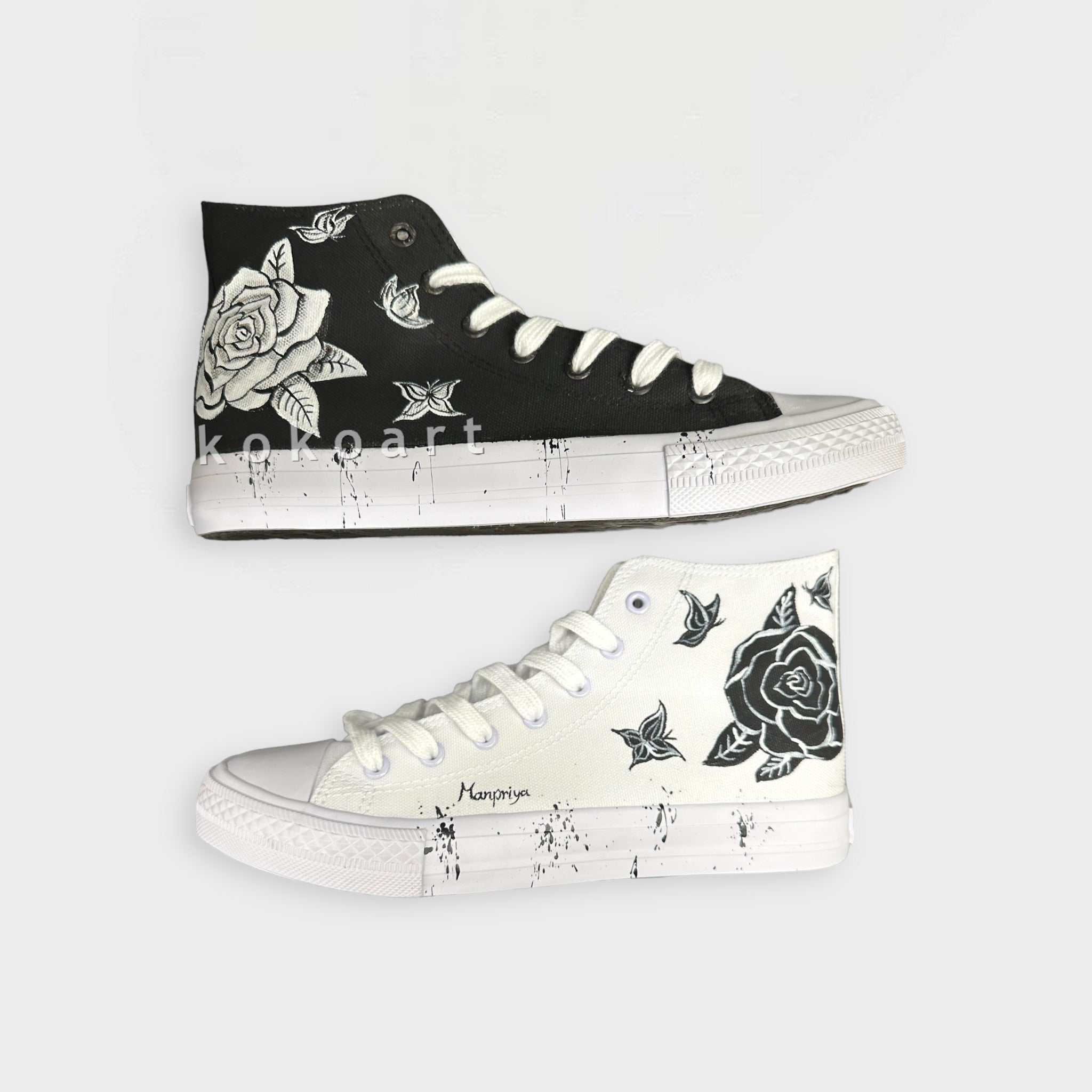 Black and White Roses Hand Painted Shoes
