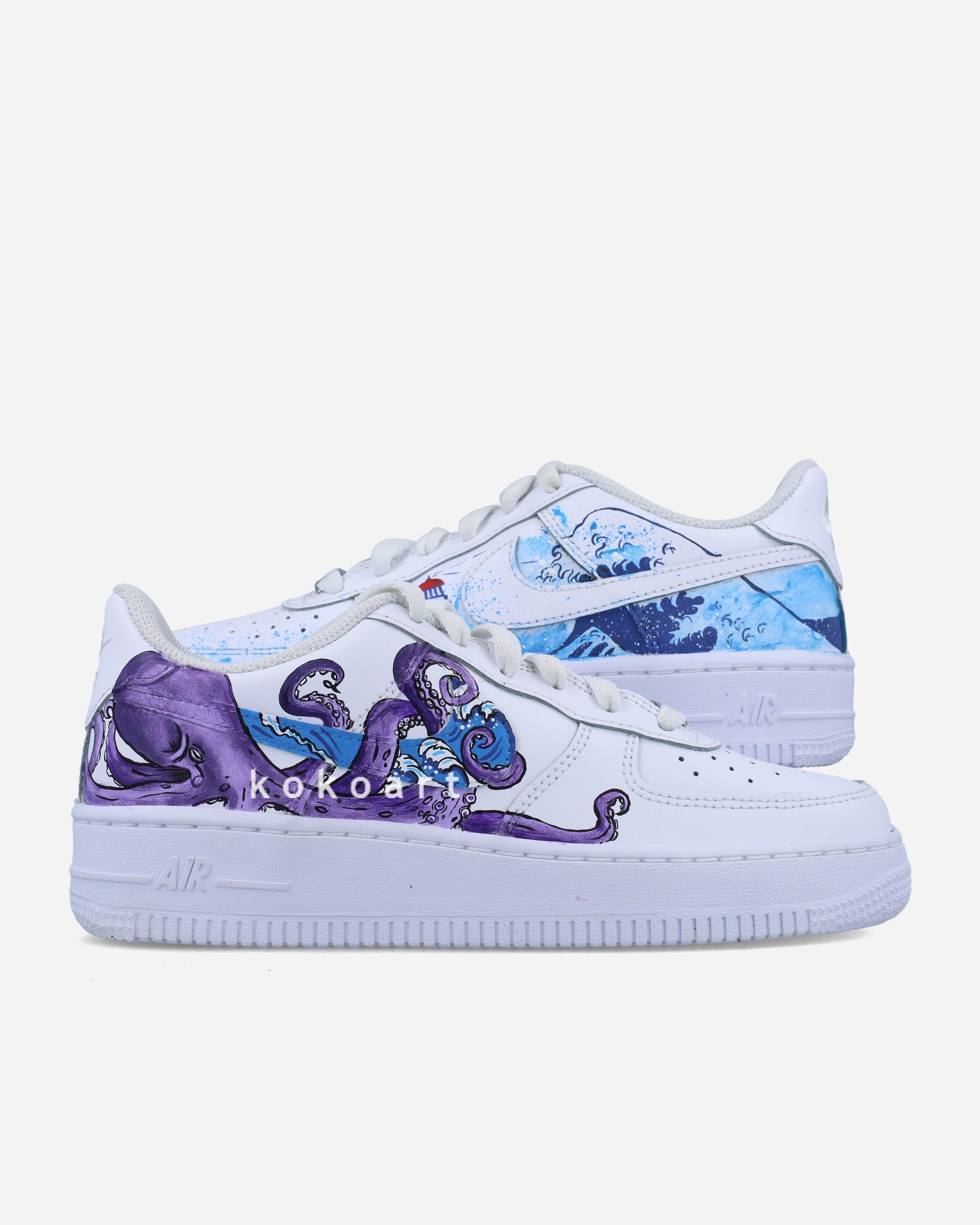 Hand Painted Nike AF1 Octopus and Wave Design by Koko Art
