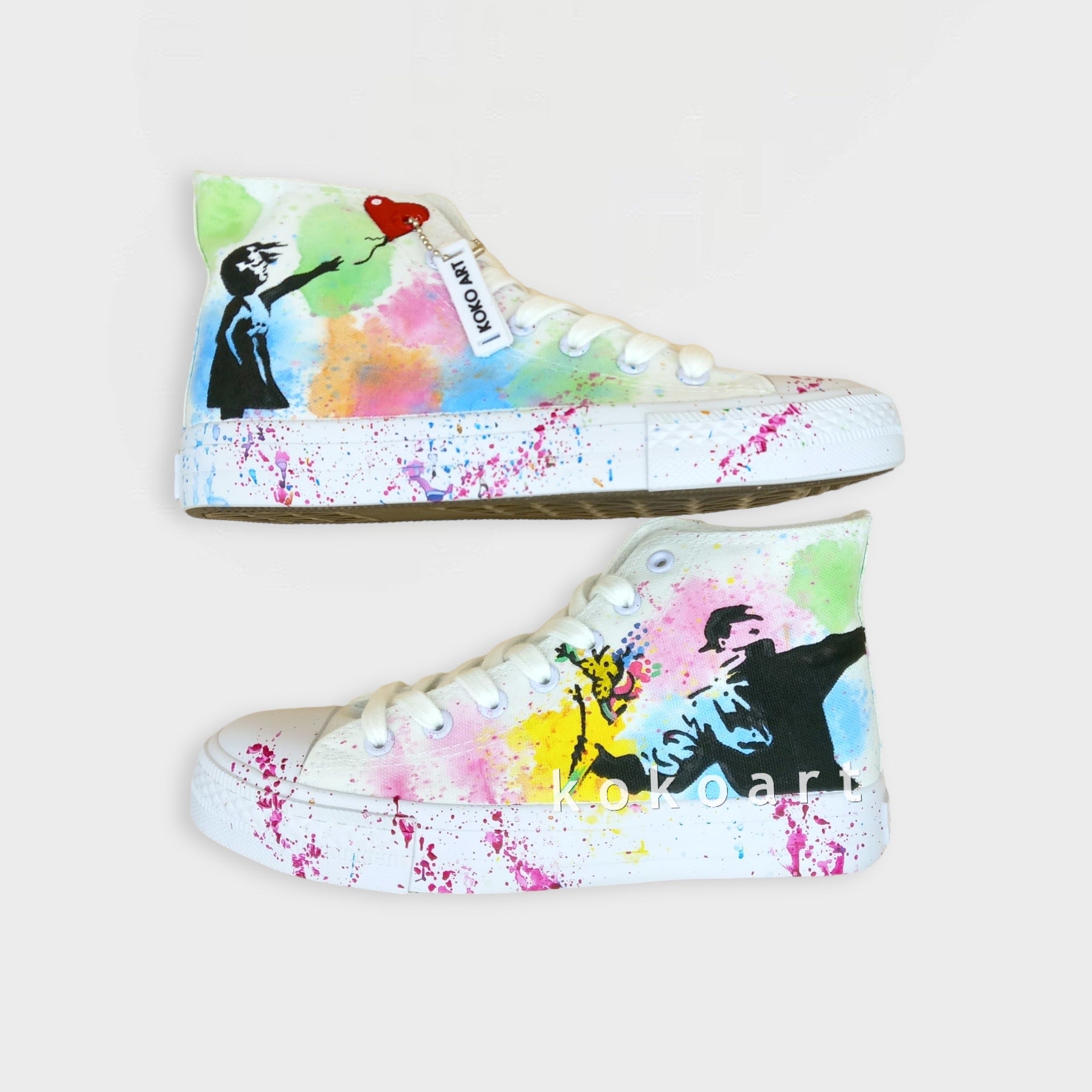 Banksy Girl with Balloon and Flower Thrower  Watercolour Hand Painted Shoes