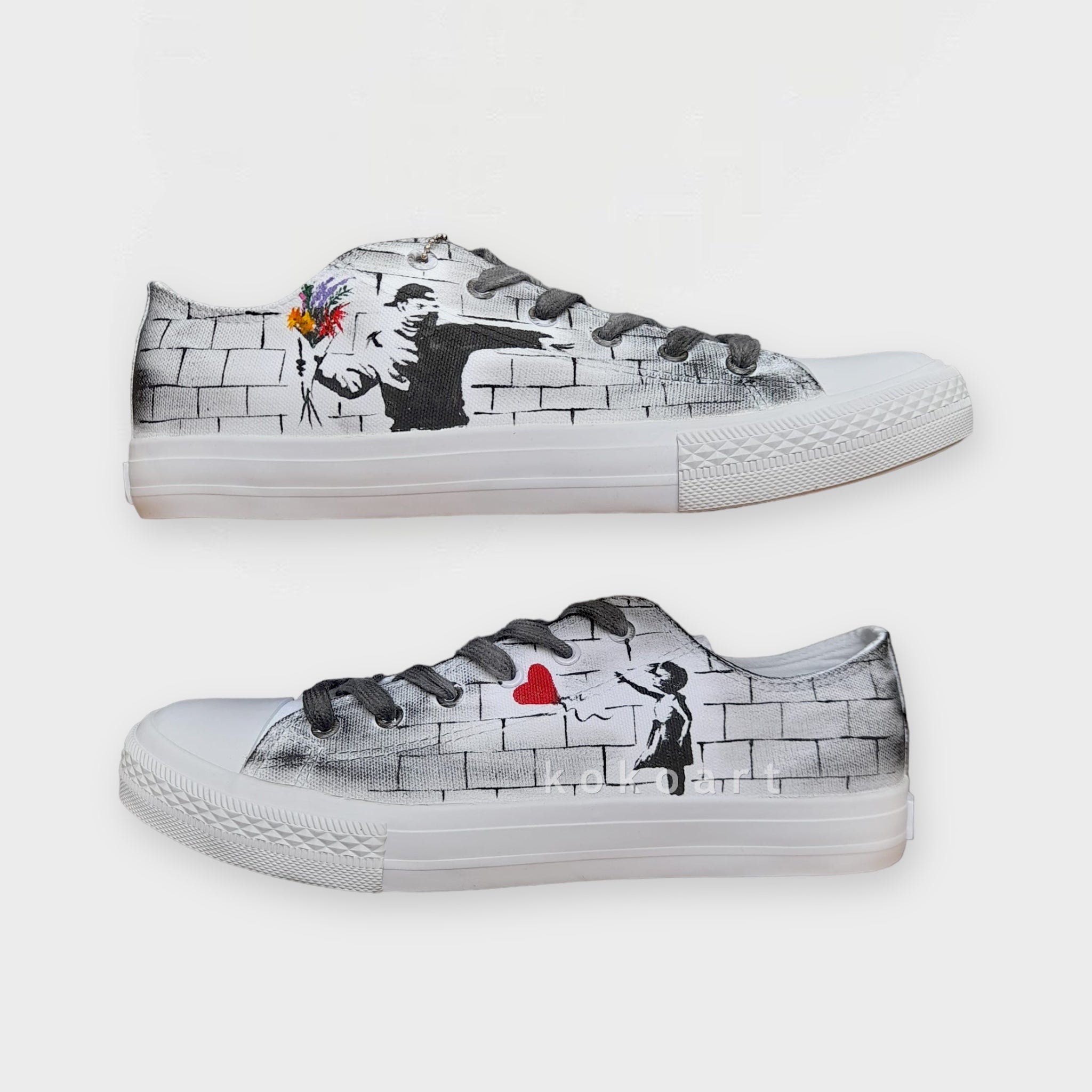 Banksy Girl with Balloon and Flower Thrower Hand Painted Shoes